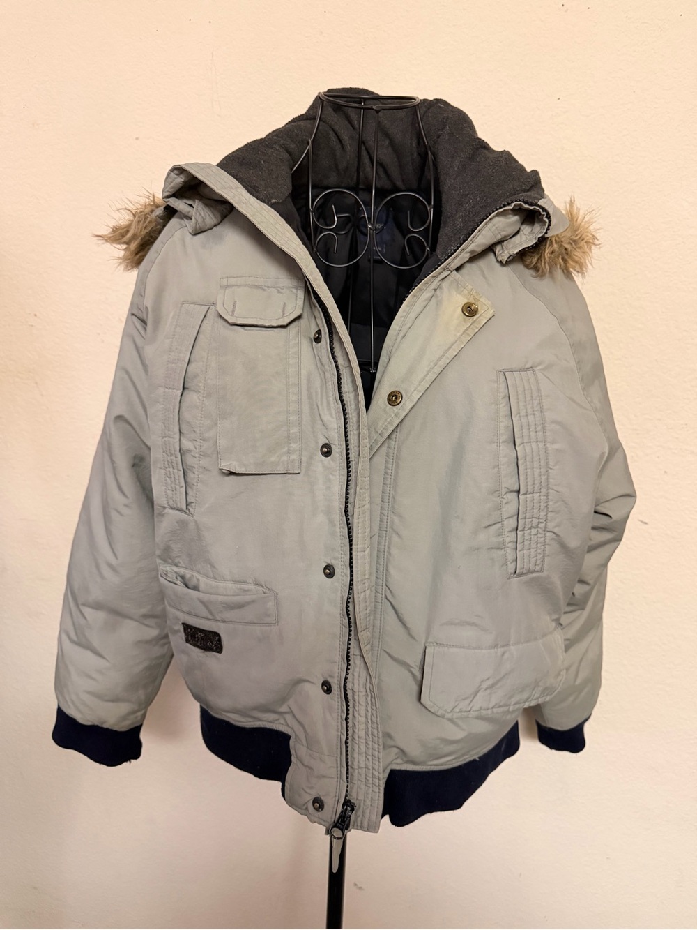 GAP Light Gray Kids Puffer Coat with Faux Fur Trim Hood